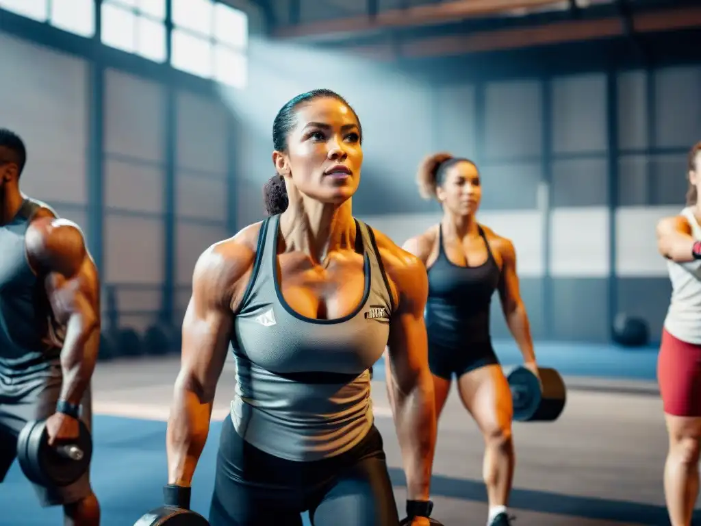 Un grupo de atletas diversos de diferentes edades y orígenes se reúnen en un intenso entrenamiento de CrossFit en un gimnasio urbano