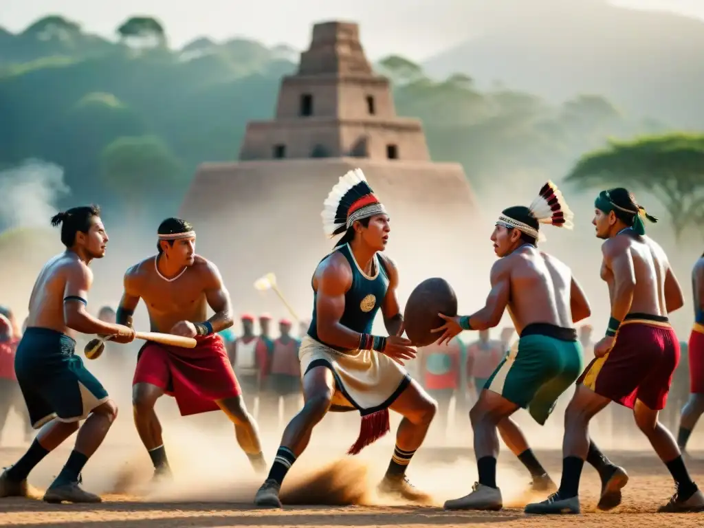 Un grupo de atletas indígenas compite en un juego mesoamericano, demostrando habilidad y orgullo cultural en un campo polvoriento y vibrante