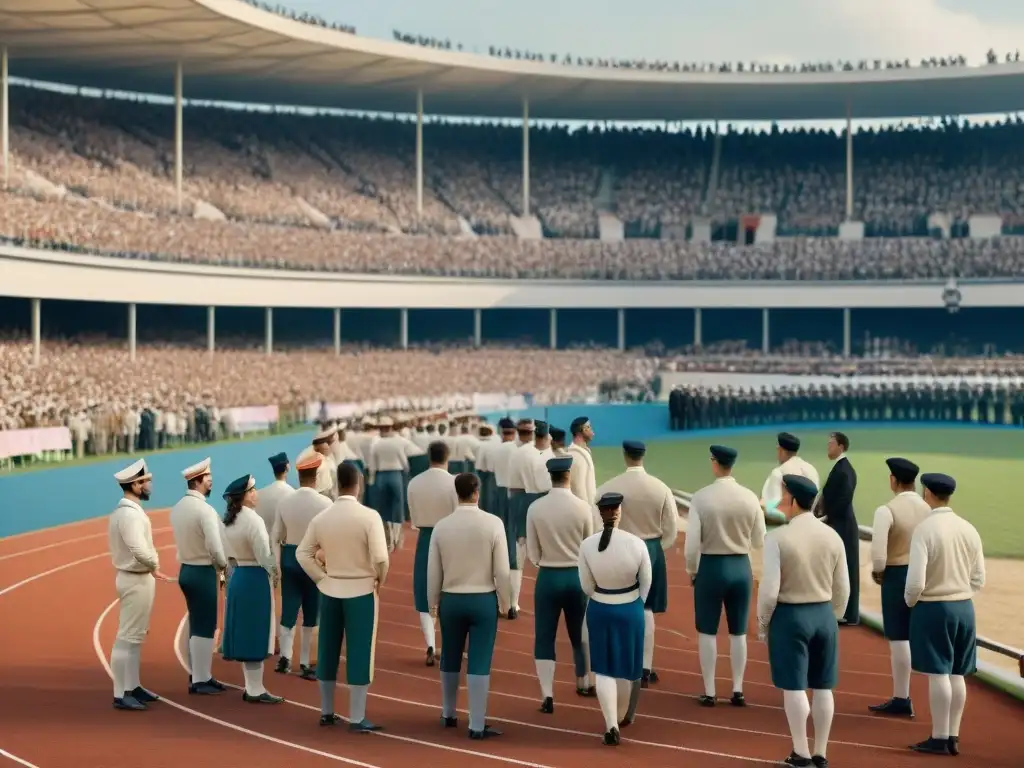 Un grupo de atletas en los Juegos Olímpicos de 1896 en Atenas, Grecia, con variados uniformes de la época