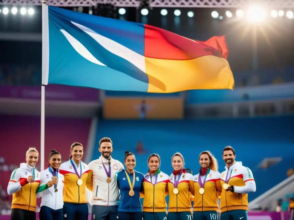 Un grupo de atletas latinoamericanos unidos en el podio, mostrando sus medallas olímpicas