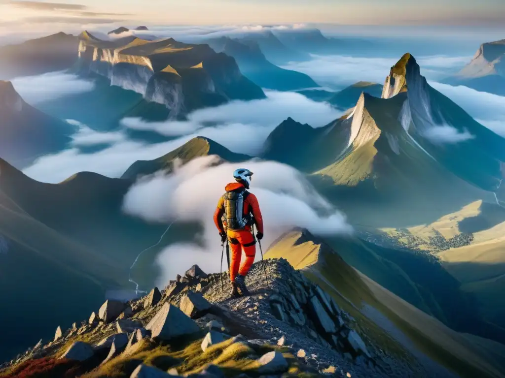 Un grupo de atletas de diferentes países y culturas en la cima de una montaña, listos para un desafío de deportes extremos futurista