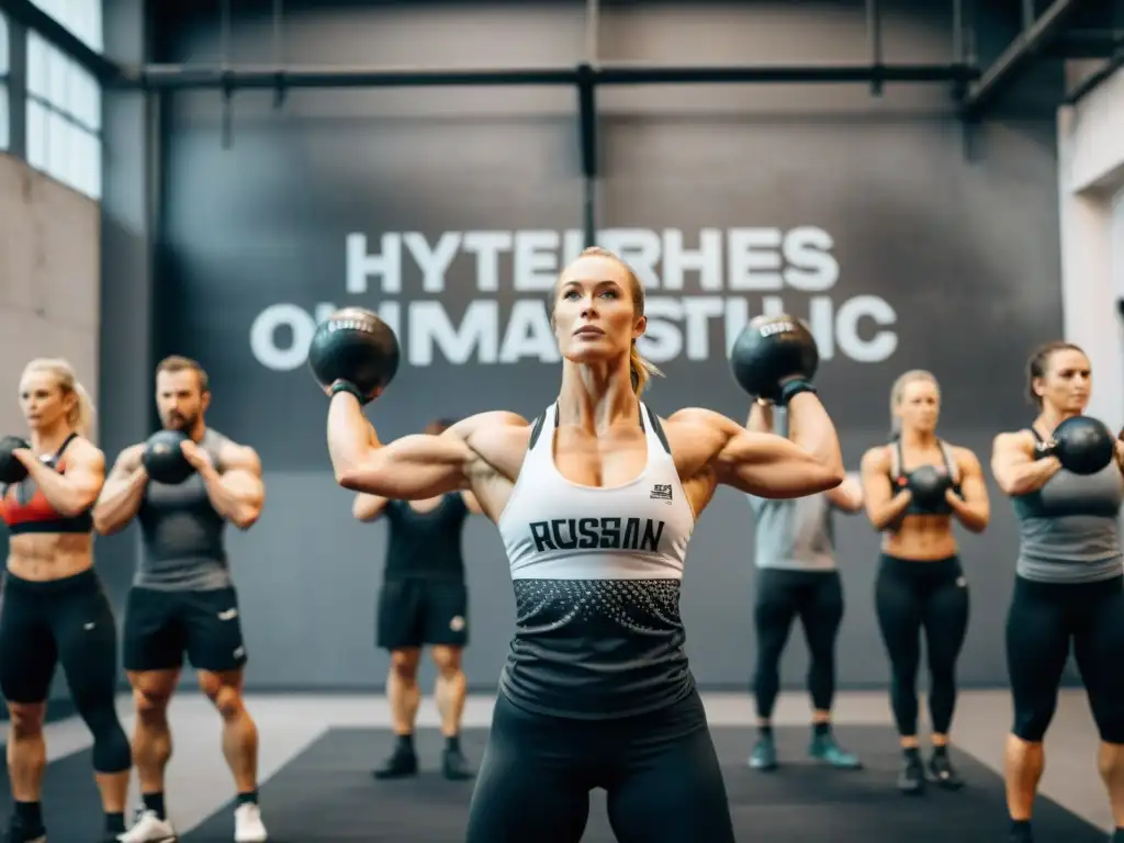 Un grupo de atletas rusos realiza ejercicios sincronizados con pesas rusas en un gimnasio de Crossfit en Moscú, mostrando fuerza y determinación