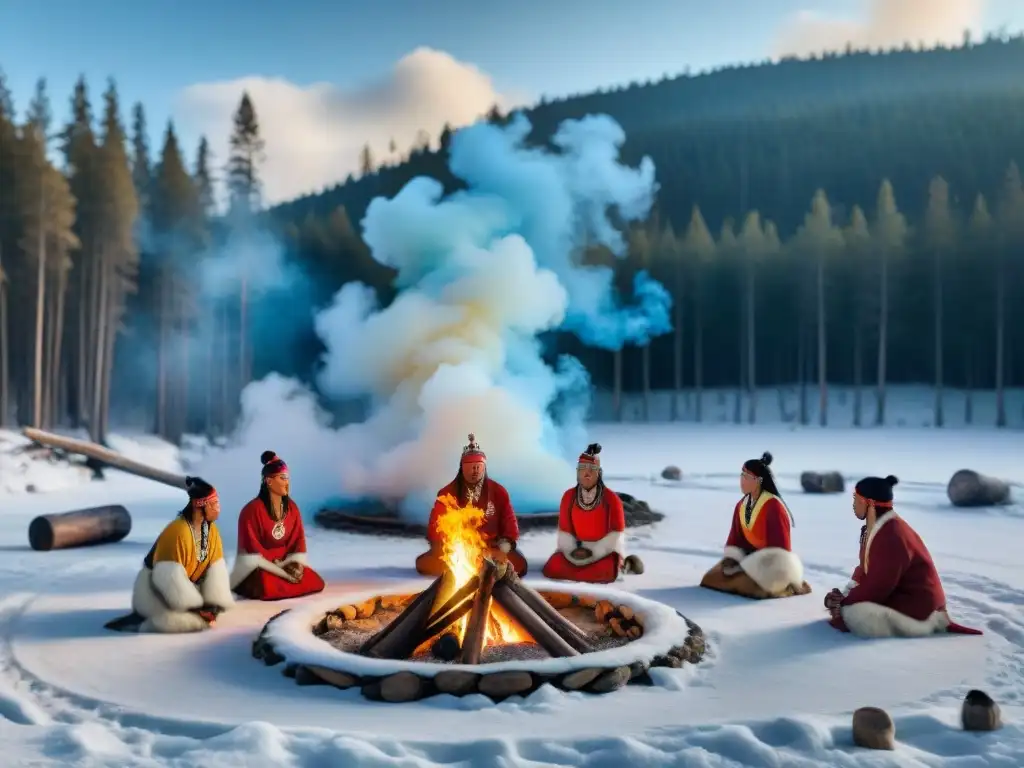 Grupo de atletas siberianos indígenas en rituales chamánicos antes de competencia deportiva de invierno