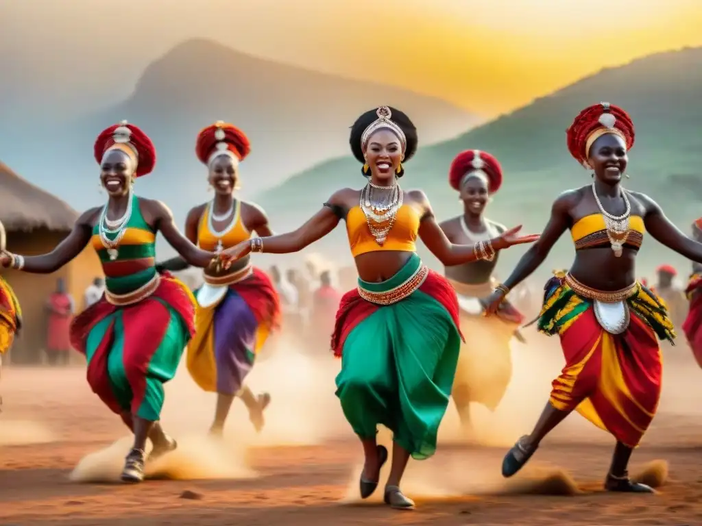 Grupo de bailarines africanos vibrantes en pleno baile al atardecer, capturando la importancia de la música y los juegos africanos