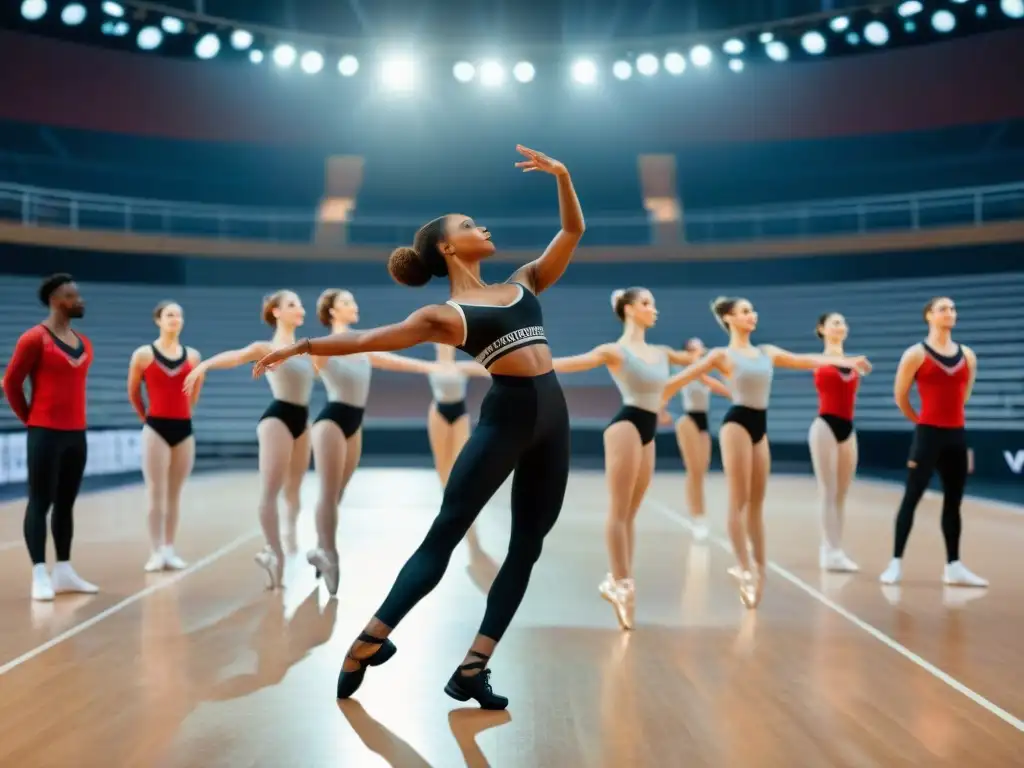 Un grupo de bailarines de ballet en atuendo deportivo realizando una coreografía en una cancha de baloncesto, rodeados de atletas entusiastas