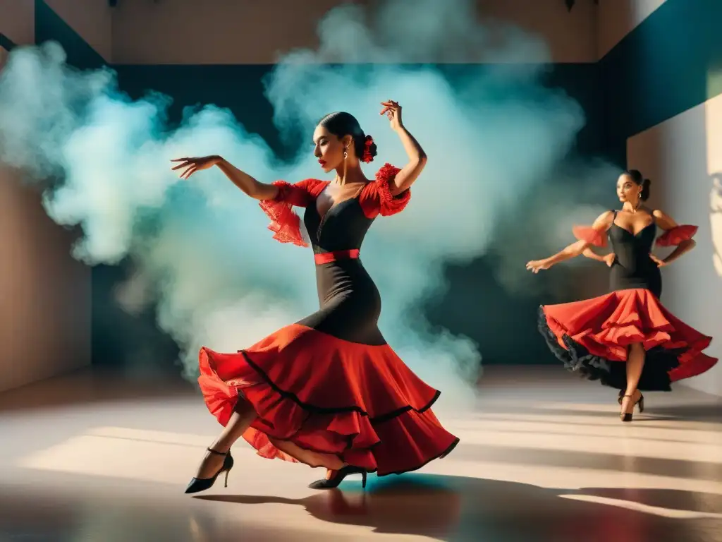 Un grupo de bailarines de flamenco en trajes vibrantes ejecutando una apasionada actuación en un escenario iluminado tenue