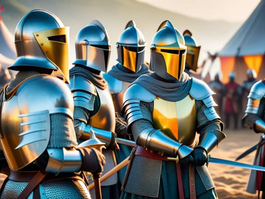 Un grupo de caballeros medievales realizando rituales de preparación antes de un torneo, en un campamento al atardecer