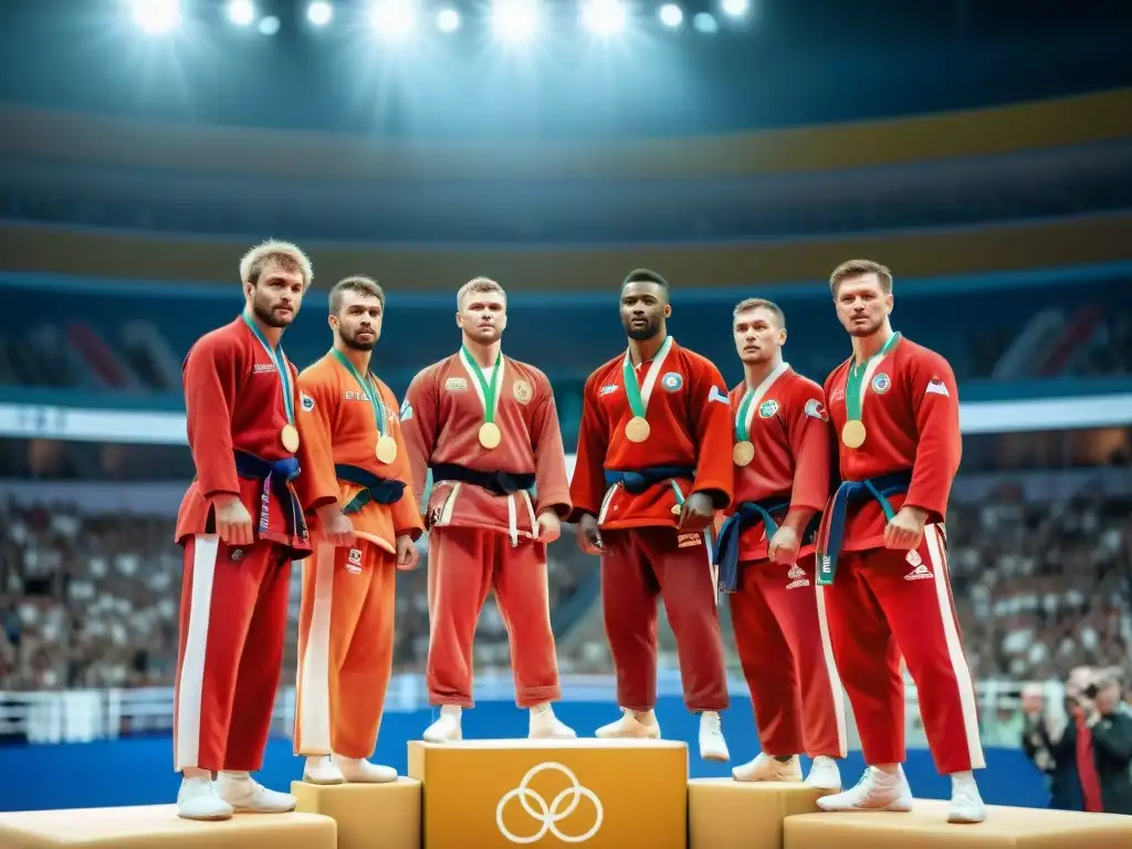 Un grupo de campeones de Sambo en el podio con medallas de oro, en un torneo emocionante