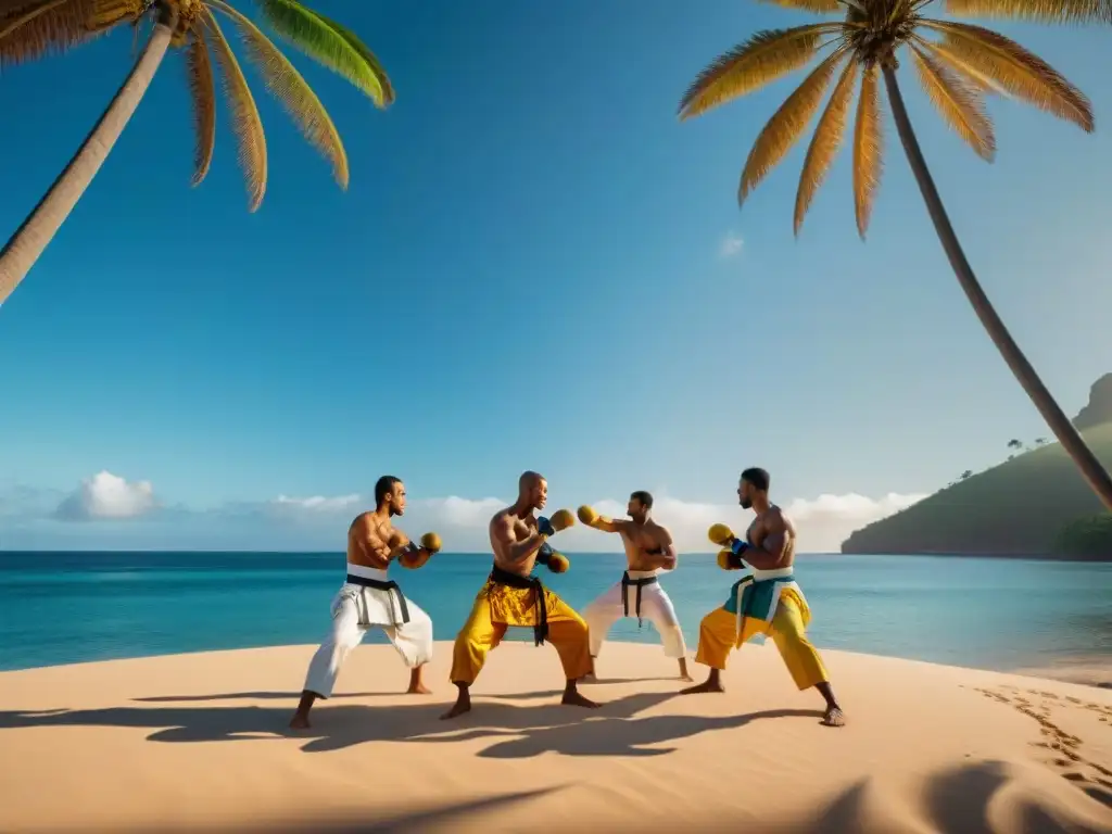 Grupo de capoeiristas en roda bajo palmeras en la playa de Bahía, Brasil