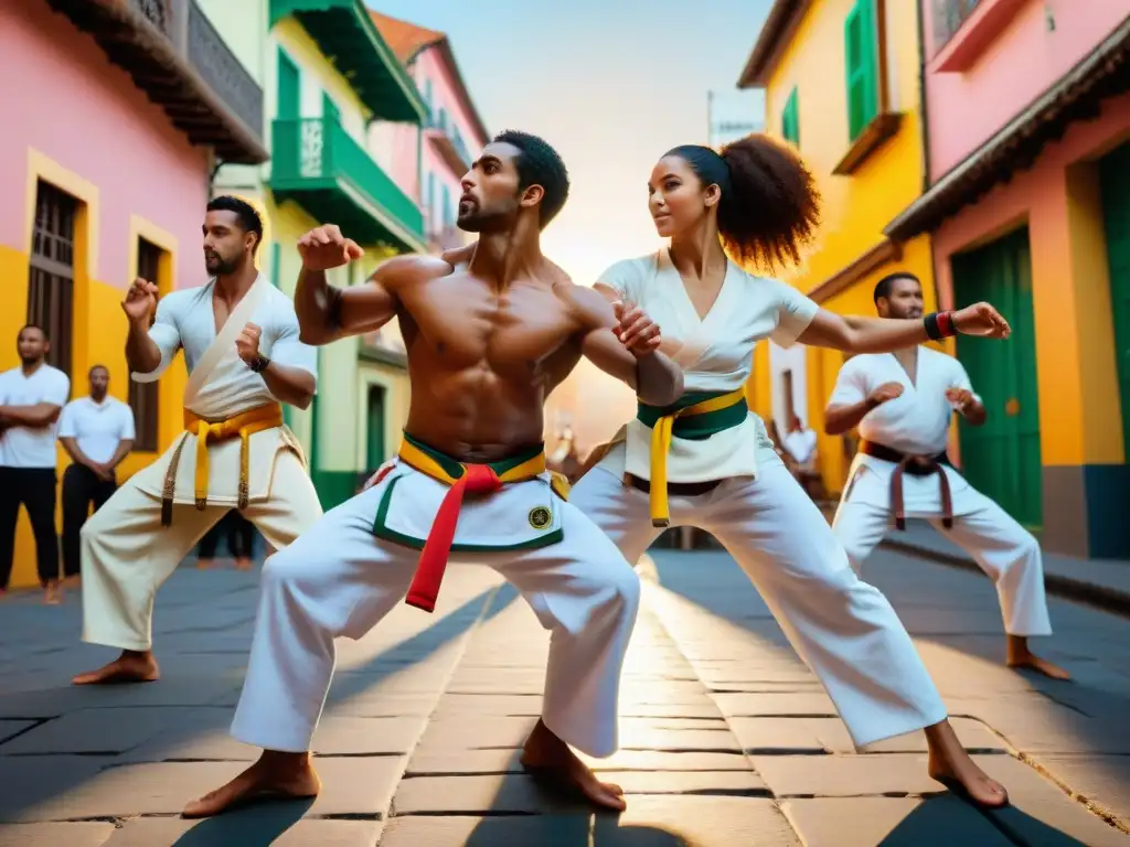 Un grupo de capoeiristas vibrantes en una roda, mezclando juegos tradicionales y música contemporánea en una escena de calle brasileña histórica