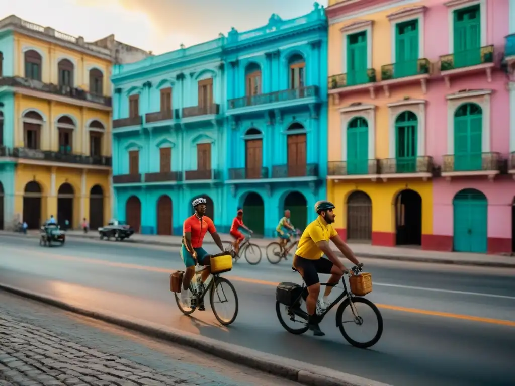 Un grupo de ciclistas recorre las coloridas calles de La Habana al atardecer, capturando la esencia del ciclismo en América Latina historia