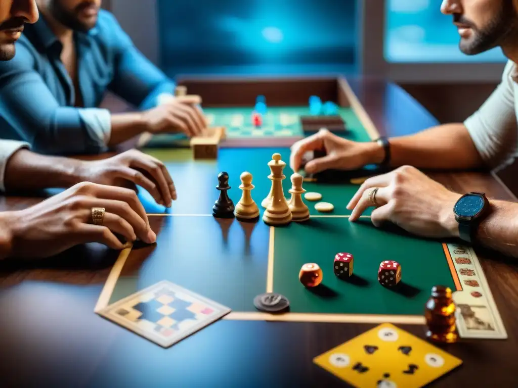 Grupo concentrado en estrategias efectivas juegos de mesa en mesa de madera con juegos clásicos y modernos