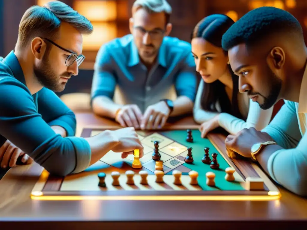 Grupo concentrado en estrategias efectivas en juego de mesa, mostrando camaradería y emoción