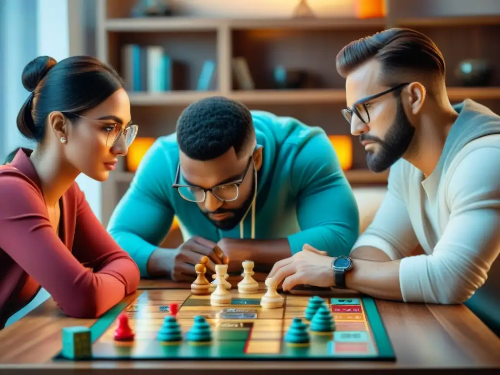 Un grupo concentrado en un juego de mesa, mostrando razonamiento estratégico y camaradería en una sala acogedora