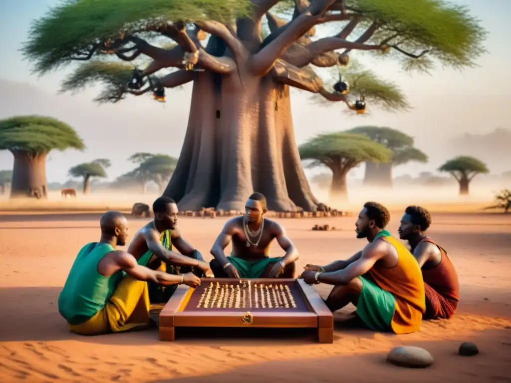 Grupo concentrado jugando juegos estrategia africanos bajo baobab, con ropa vibrante y expresiones de determinación