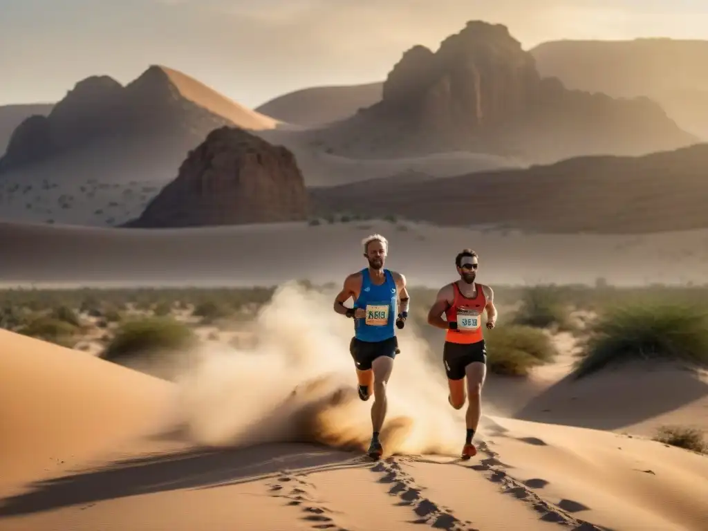 Grupo de corredores agotados en maratones extremos en desiertos, demostrando determinación y fuerza bajo el sol abrasador