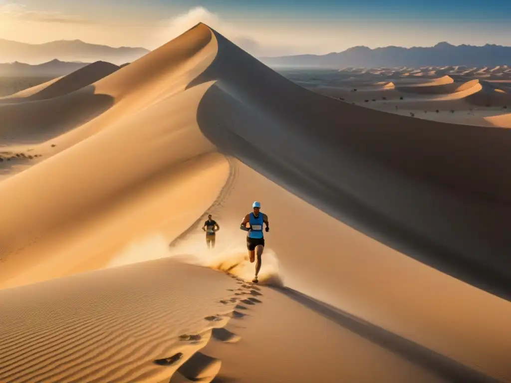 Un grupo de corredores en una maratón extrema en el desierto, luchando contra el sol abrasador y las dunas interminables