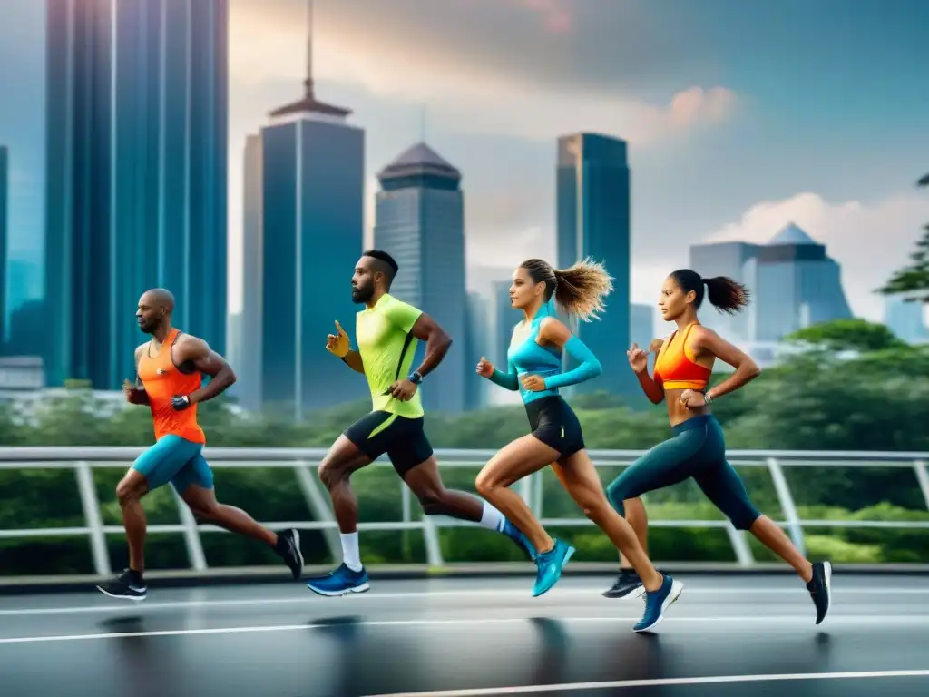 Grupo de corredores con moda deportiva running evolución cultural, mezclando tecnología y estilo en la ciudad