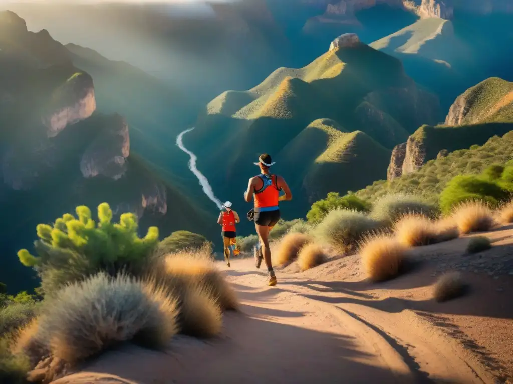 Grupo de corredores Tarahumara en Ultramaratón, desafiando terreno al amanecer en Cañón del Cobre