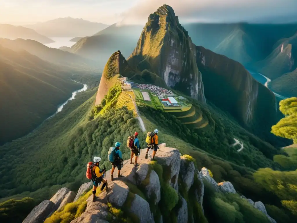 Grupo de deportistas extremos en América Latina disfrutando del atardecer en un acantilado