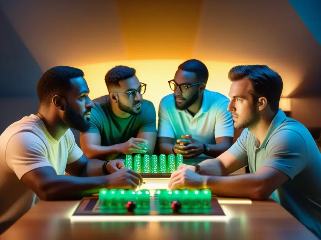 Sinergia creativa: Desarrolladores de juegos unen mundos en efervescencia Grupo de desarrolladores de videojuegos y juegos de mesa, intercambiando ideas en una sala llena de creatividad