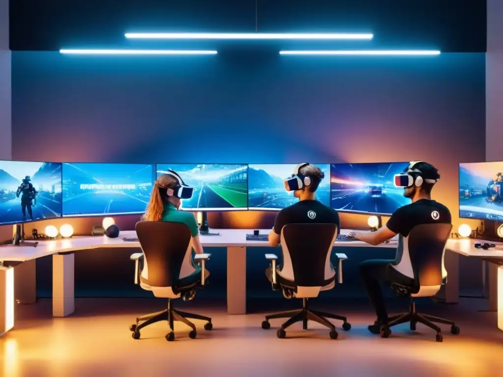 Equipo de desarrolladores de videojuegos probando tecnología de sensores de movimiento en estudio moderno Grupo de desarrolladores de videojuegos probando sensores de movimiento en un estudio moderno, fusionando tecnología y creatividad
