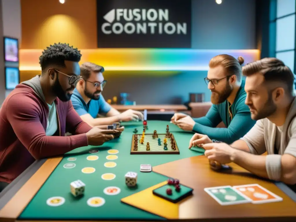 Creatividad en juego: Diseñadores fusionan videojuegos y juegos de mesa Un grupo de diseñadores de juegos inmersos en la creatividad, rodeados de juegos de mesa y videoconsolas
