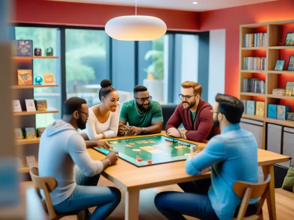 Diseñadores de juegos de mesa inmersos en creatividad y colaboración Un grupo de diseñadores de juegos de mesa rodeados de componentes y prototipos digitales, discutiendo con emoción