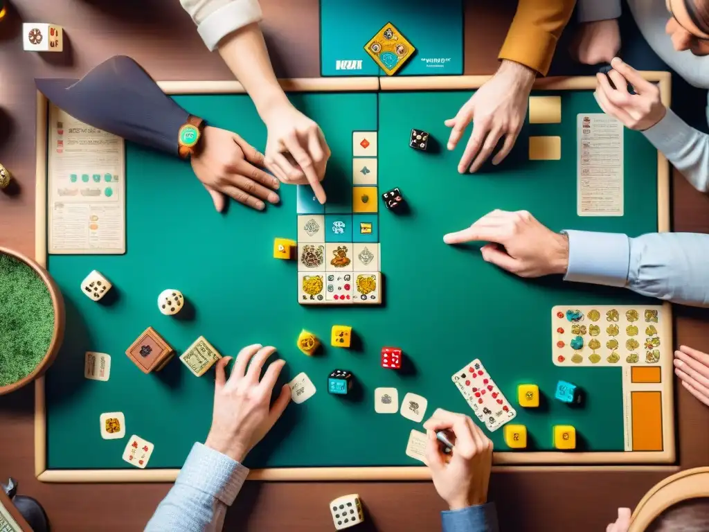 Creatividad y colaboración en diseño de juegos de mesa Un grupo de diseñadores de juegos de mesa colaborando y discutiendo creativamente, fusionando elementos digitales y tradicionales