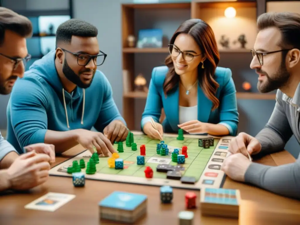 Reunión creativa de diseñadores de juegos: innovación en acción Un grupo de diseñadores de juegos de mesa y desarrolladores de videojuegos colaboran en una mesa llena de bocetos y piezas de juego