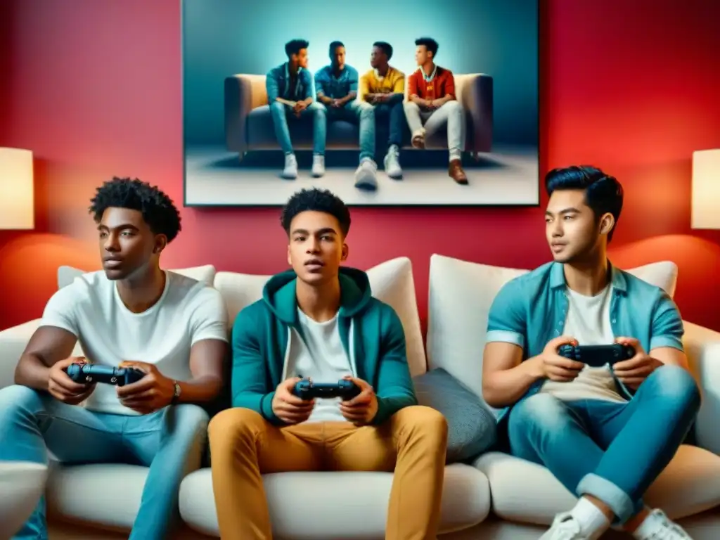 Grupo diverso de adolescentes concentrados y emocionados jugando videojuegos juntos, en ambiente acogedor