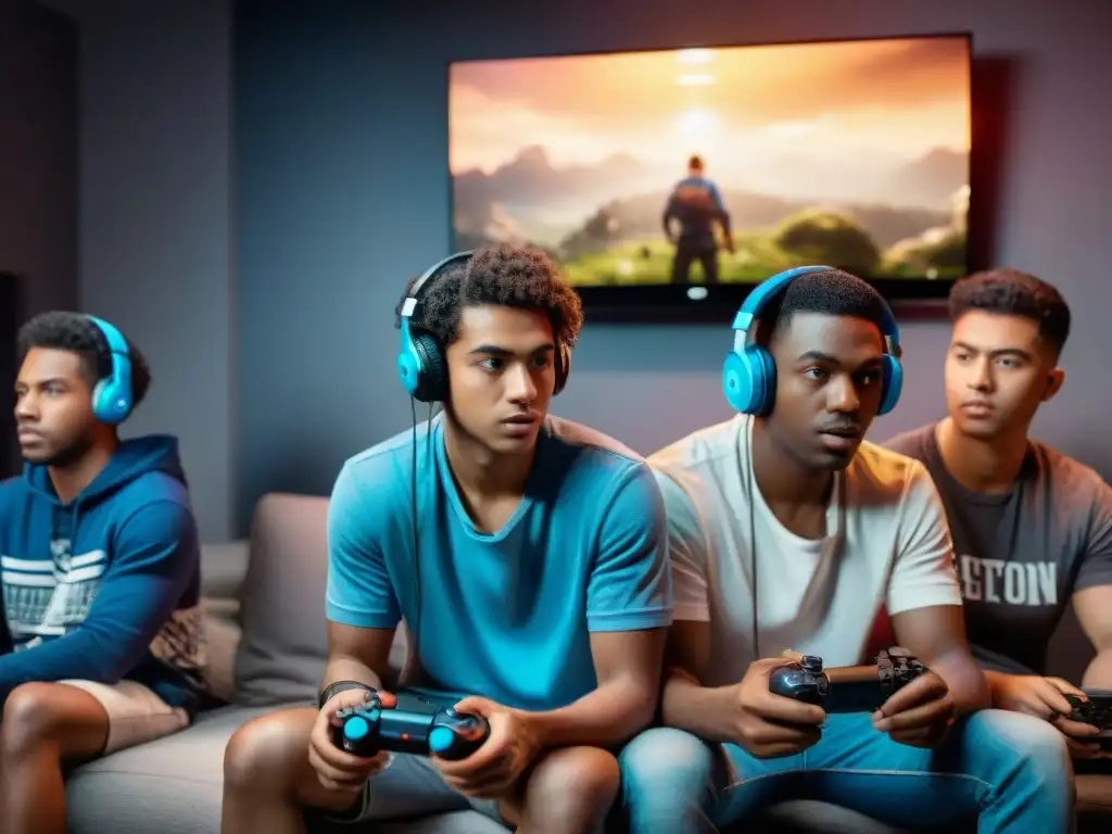 Un grupo diverso de adolescentes inmersos en videojuegos, mostrando emoción y concentración en una habitación oscura