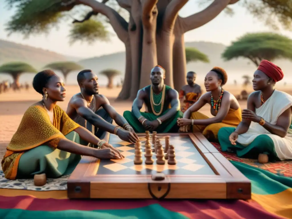 Grupo diverso de africanos juega juegos ancestrales bajo baobab, evocando historia y tradición