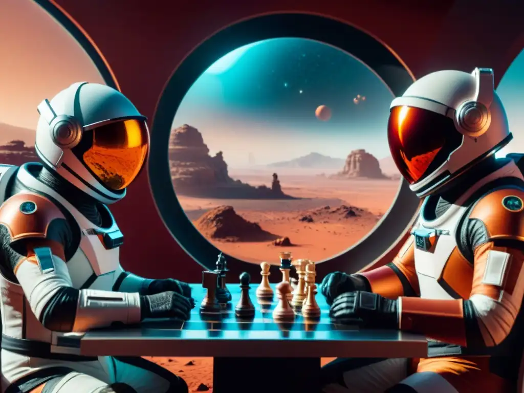 Juego de ajedrez holográfico en Marte: diversión futurista Grupo diverso juega ajedrez holográfico en Marte, rodeados de tecnología avanzada