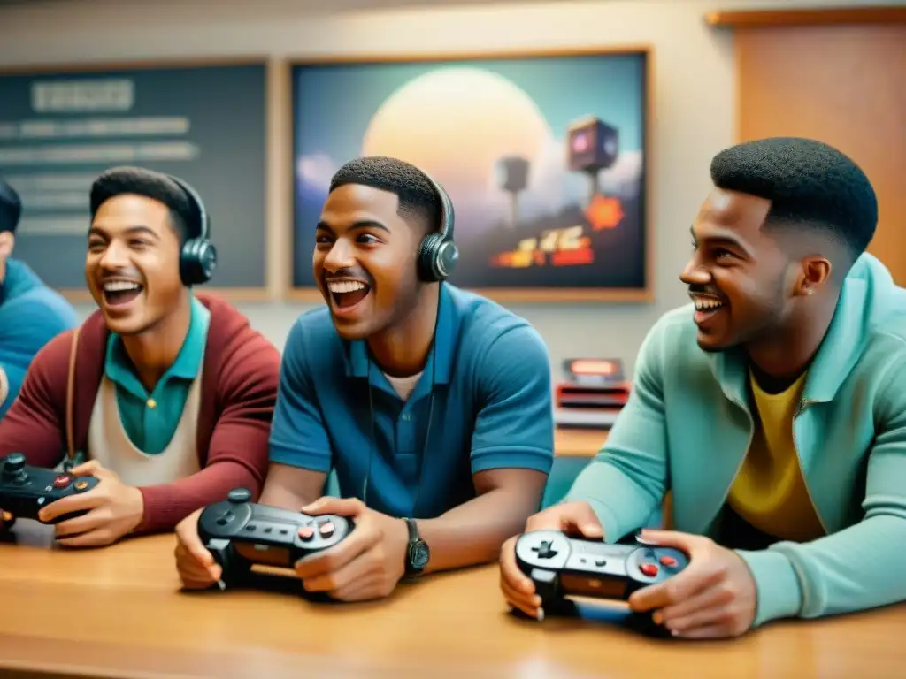 Estudiantes entusiastas disfrutando de videojuegos retro en aula vibrante Un grupo diverso de alumnos entusiastas juega con pasión videojuegos clásicos rodeados de consolas vintage