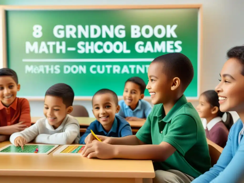 Un grupo diverso de alumnos de primaria disfruta de juegos educativos tradicionales de matemáticas en un aula colorida y estimulante