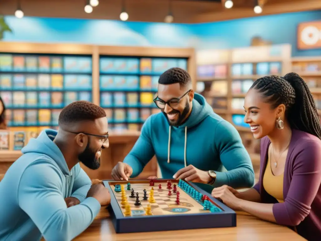 Grupo diverso disfrutando de un animado juego de mesa en tienda de juegos