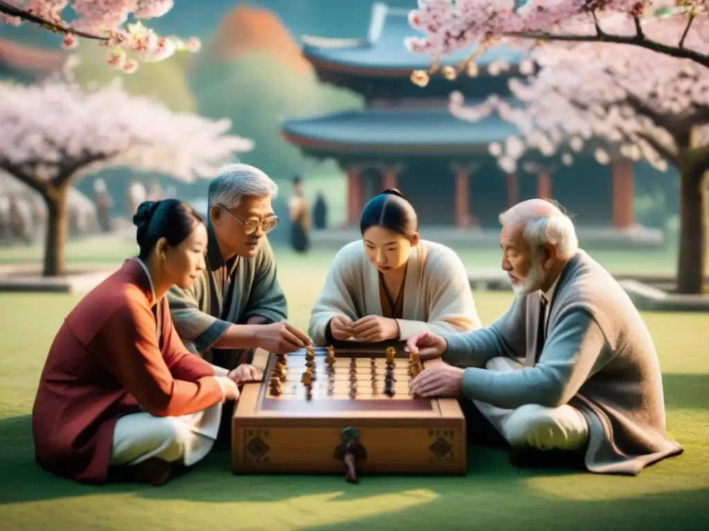 Juego ancestral: concentración y camaradería bajo los cerezos Un grupo diverso juega un antiguo juego de mesa en un jardín con cerezos en flor