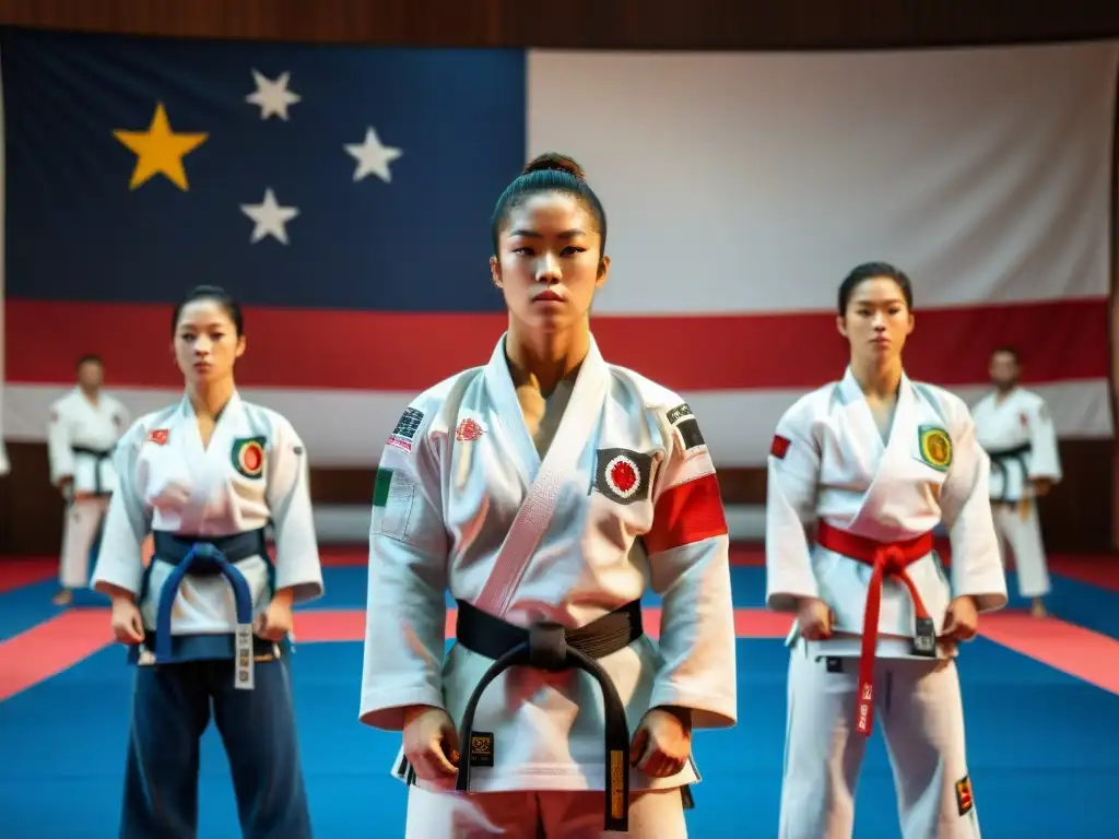 Grupo diverso de artistas marciales de América en un dojo, mostrando determinación y respeto antes de competir