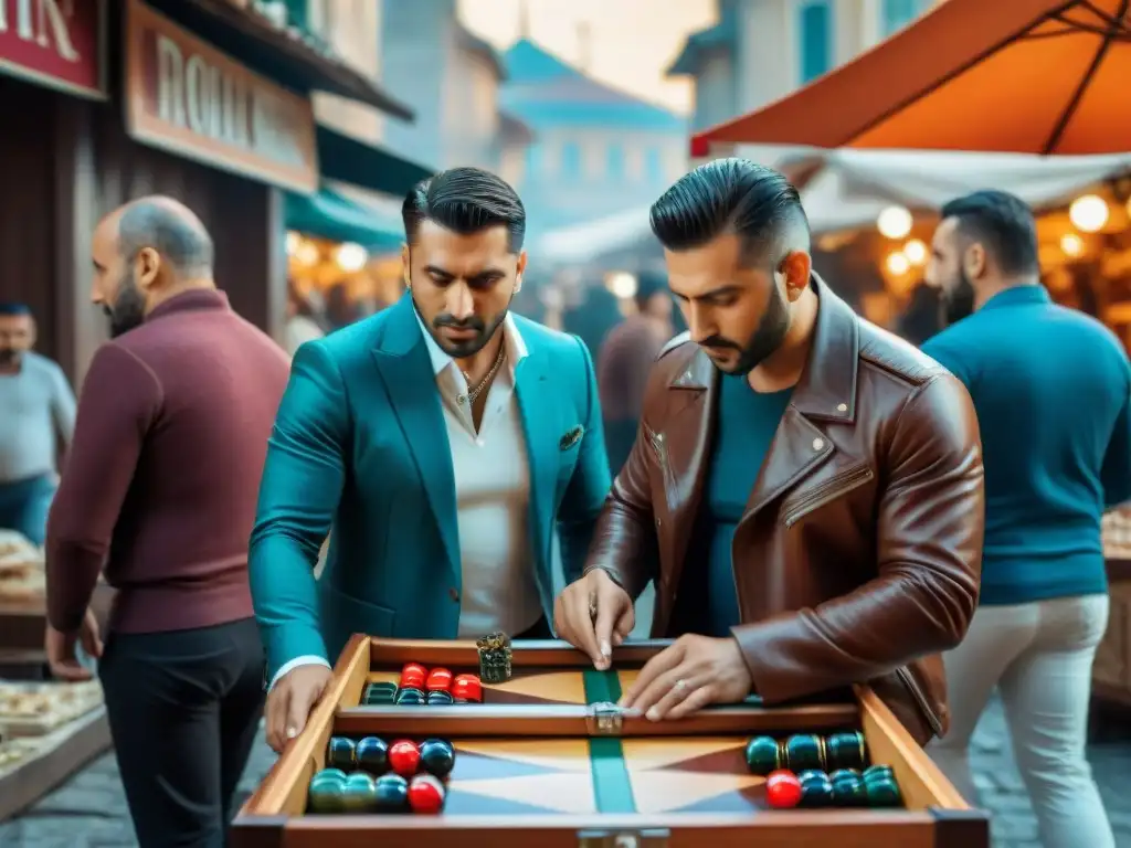 Grupo diverso juega apasionadamente al backgammon en mercado de Estambul, Turquía, capturando historia del backgammon a nivel mundial