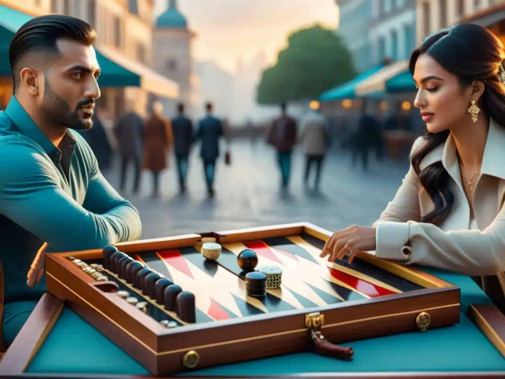 Grupo diverso juega backgammon en plaza urbana, fusionando historia, evolución, juegos y culturas