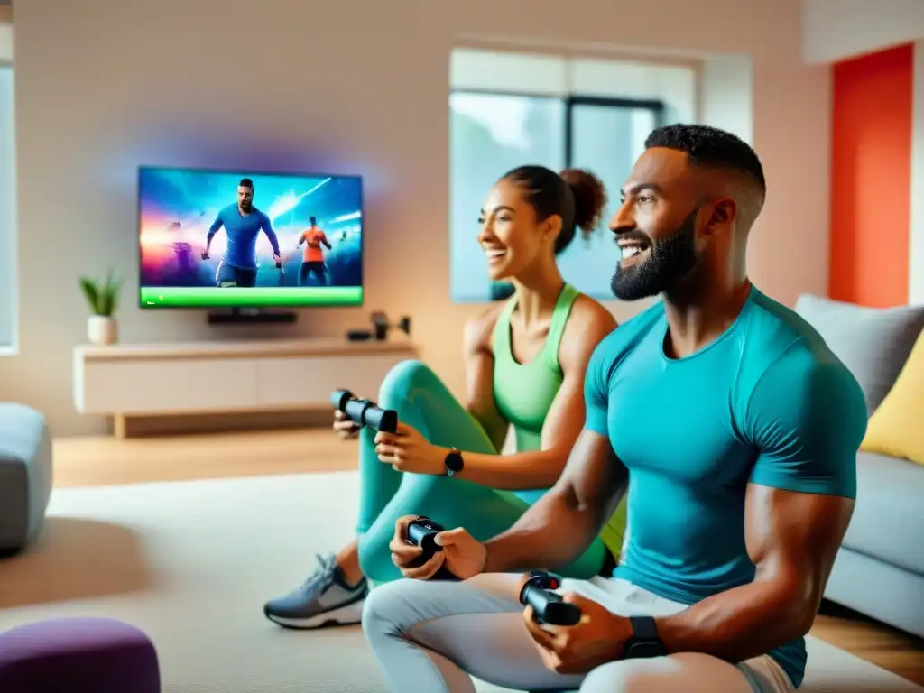 Grupo diverso disfruta los beneficios fitness de videojuegos en casa, fusionando diversión y ejercicio