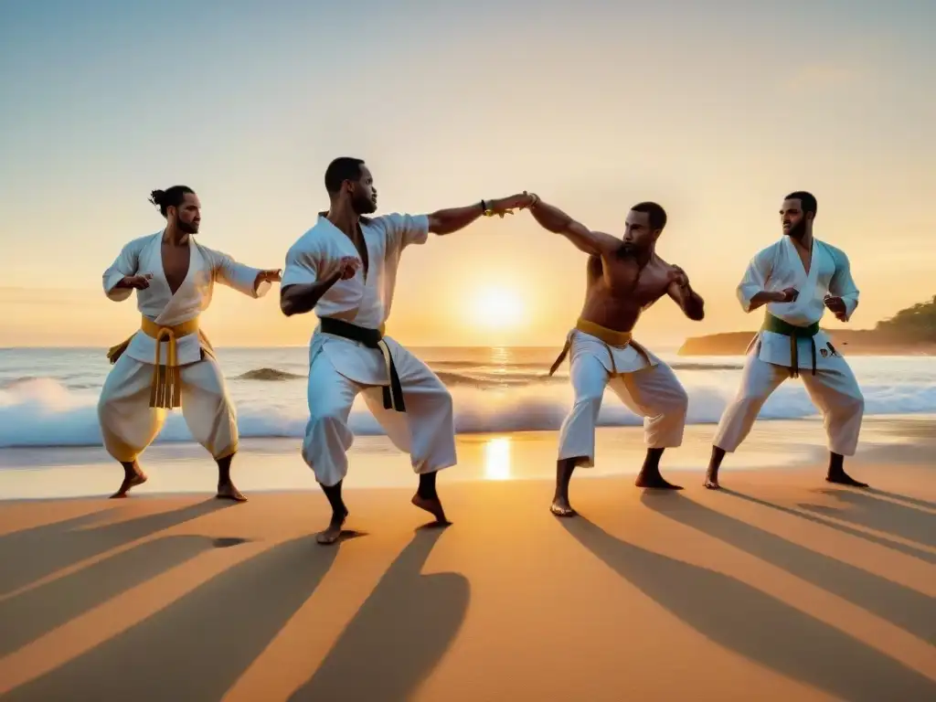 Grupo diverso practica Capoeira en la playa al atardecer, demostrando acrobacias al ritmo de la música