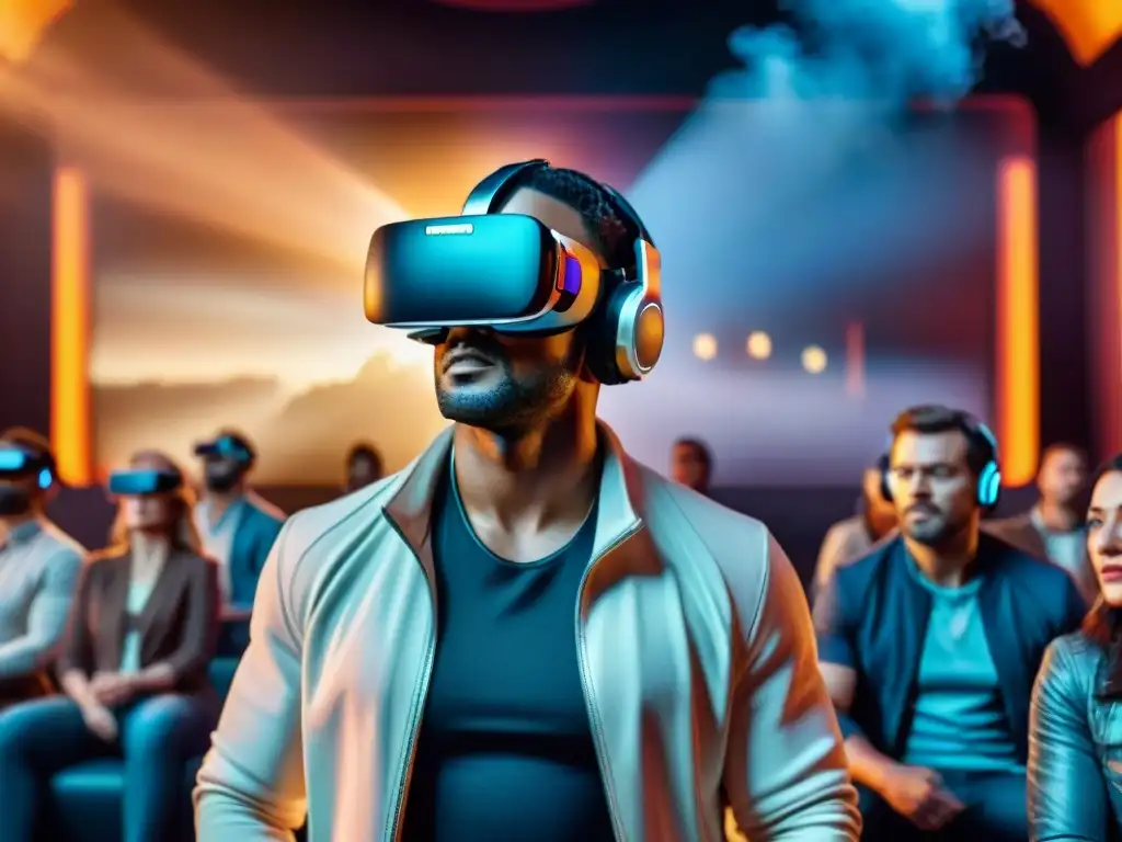 Grupo diverso en cine VR futurista, rostros expresivos de emoción y asombro