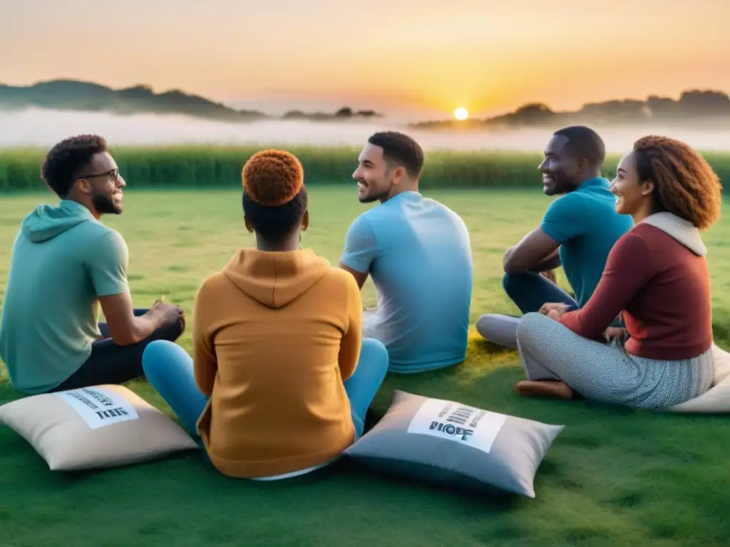 Conversación activista al atardecer: unión y cambio social Grupo diverso en círculo debatiendo sobre causa social con carteles coloridos al atardecer