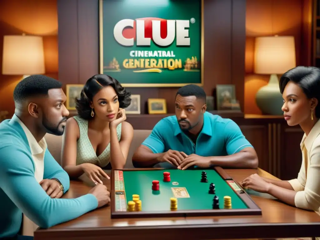 Grupo diverso disfruta intensamente de Clue en una sala acogedora, reflejando la evolución de juegos de mesa