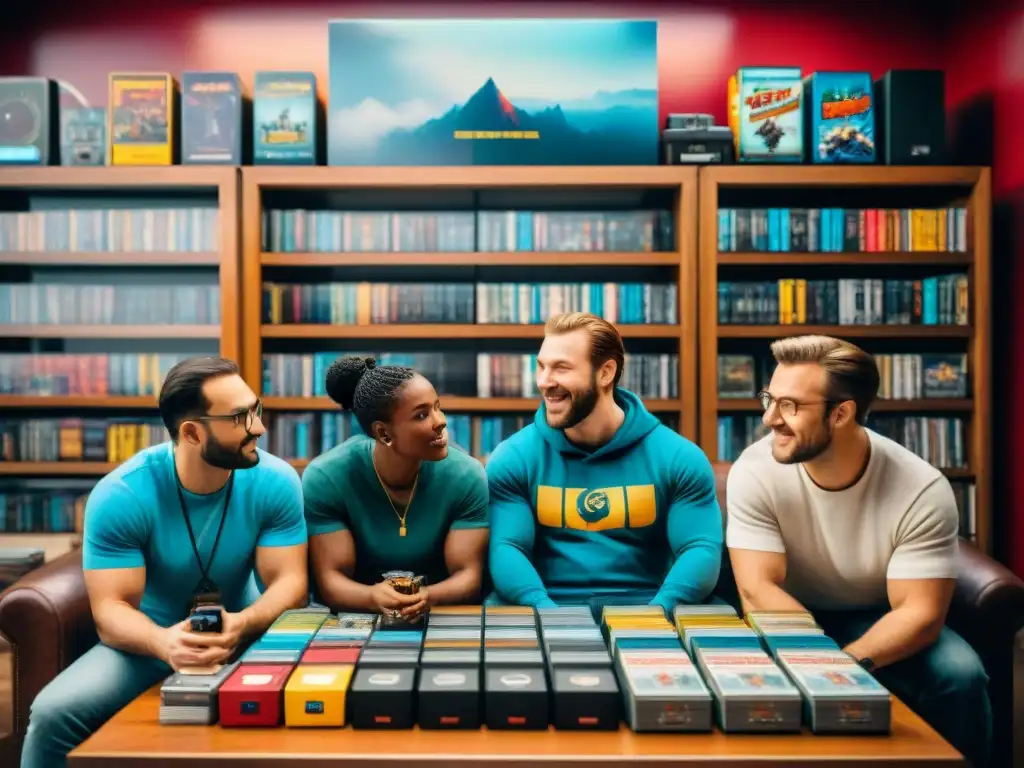 Un grupo diverso de coleccionistas de videojuegos entusiastas debatiendo las tendencias del mercado actual rodeados de juegos y consolas vintage