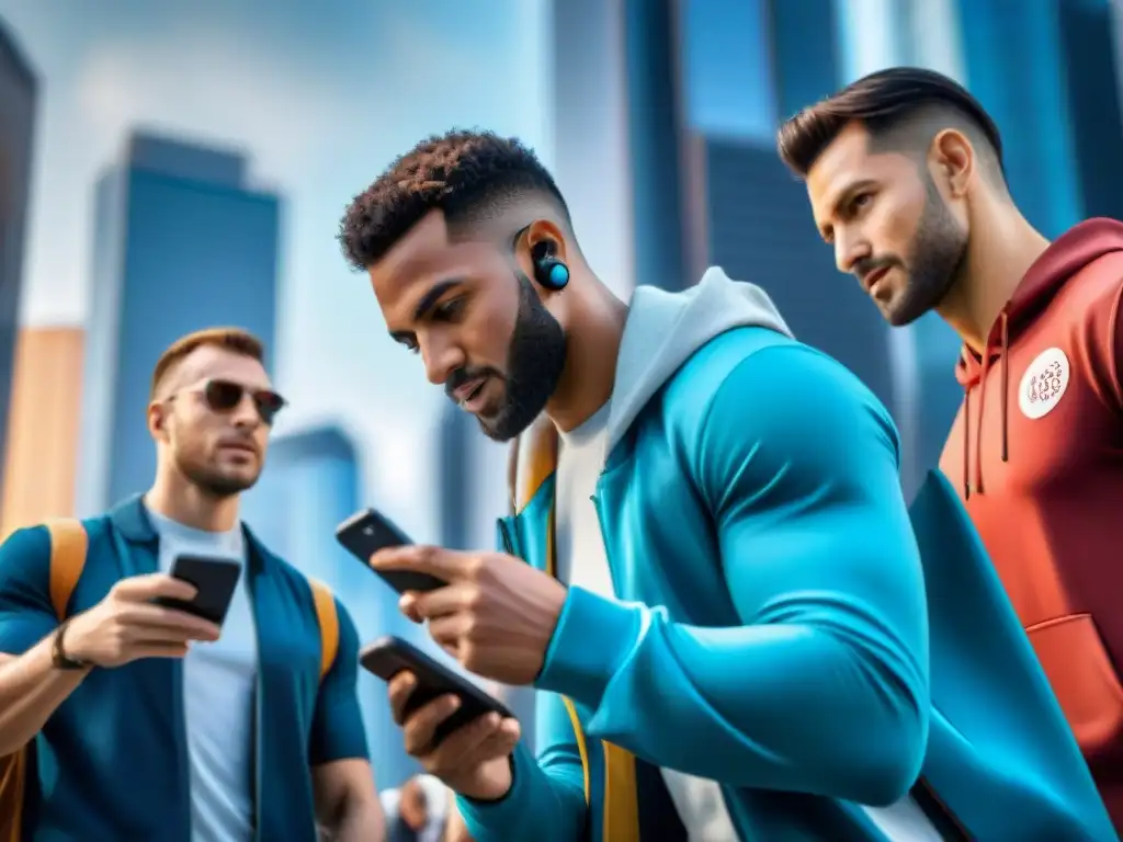 Grupo diverso concentrado en juego móvil competitivo en la ciudad