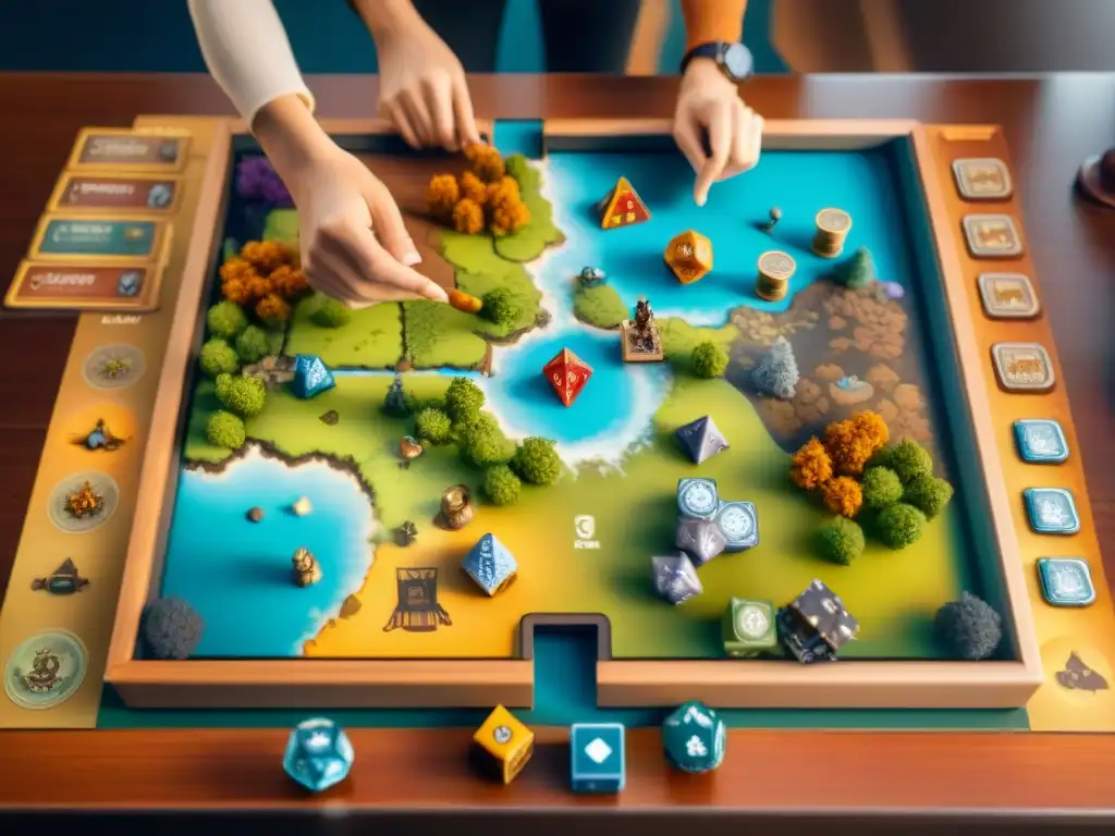 Grupo diverso concentrado en juego Small World, en ambiente vibrante de estrategia y competencia