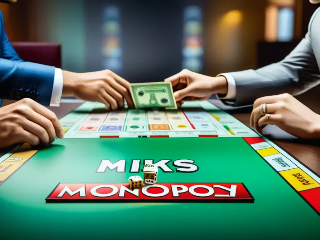 Grupo diverso concentrado en juego Monopoly, estrategias y negociación de propiedades para vencer